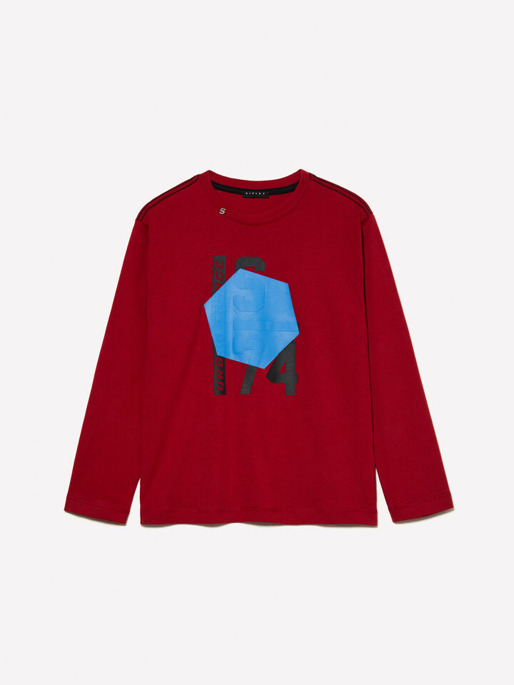 Red t-shirt with embossed print - boys' long sleeve t-shirts - Burgundy | Sisley Young image number 1